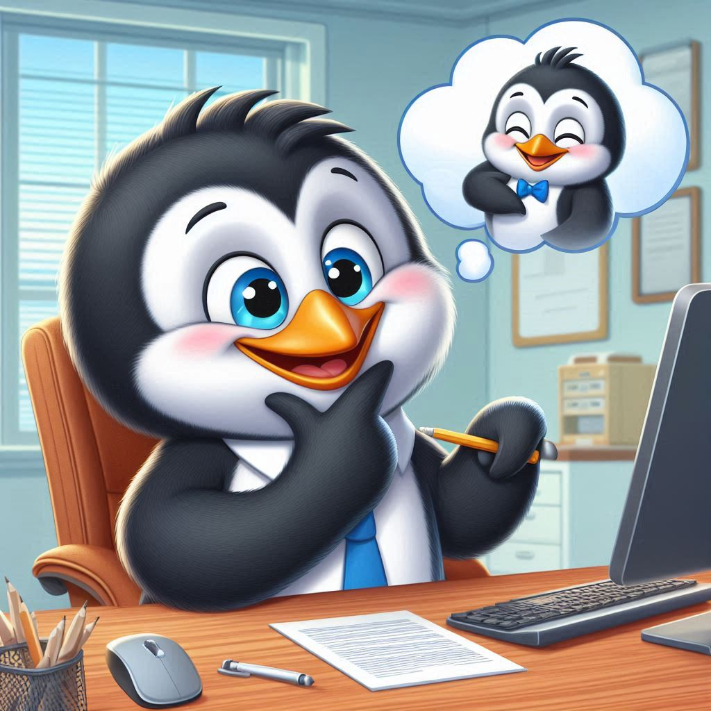 A father penguin sits at his computer thinking about his son