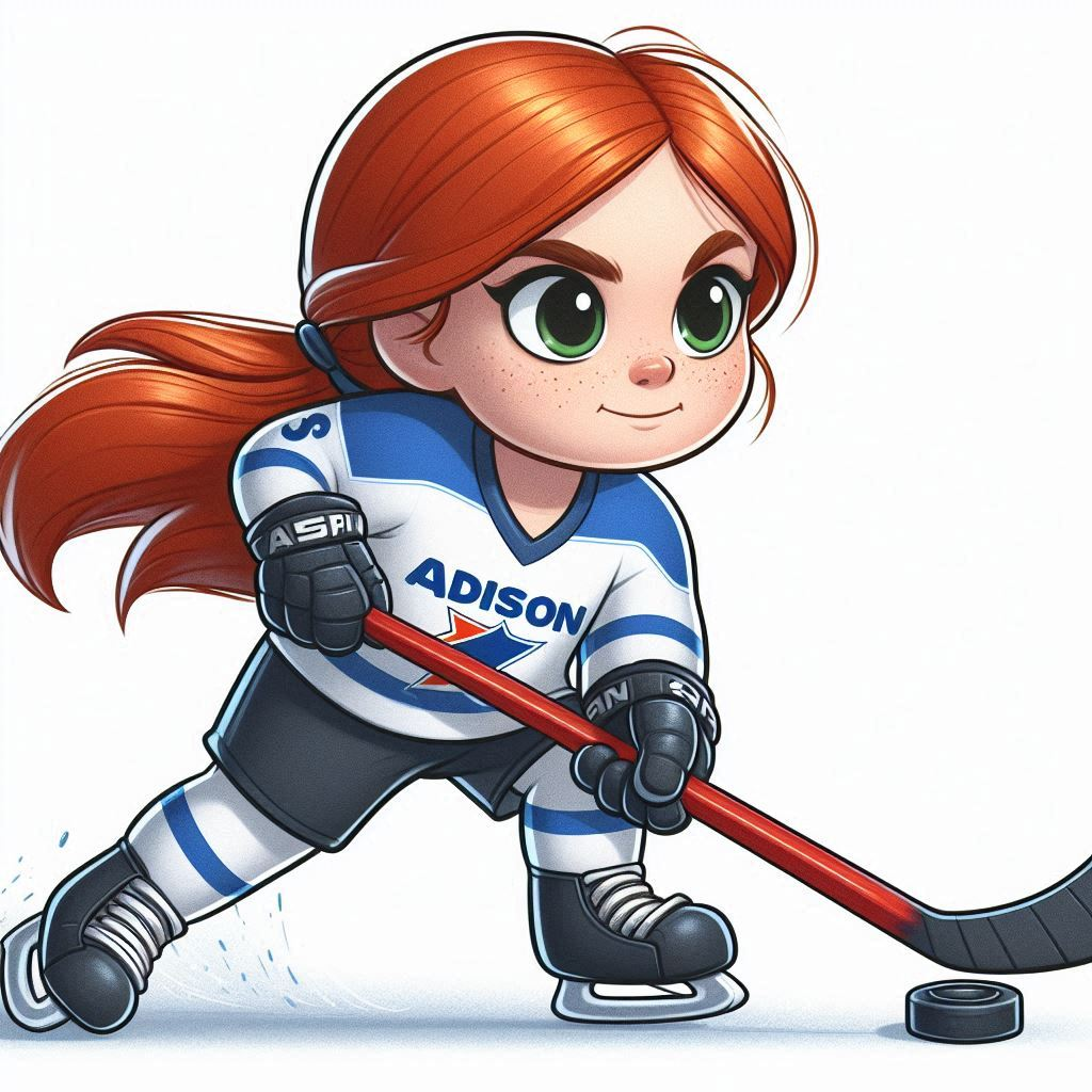 A small girl with red hair plays ice hockey